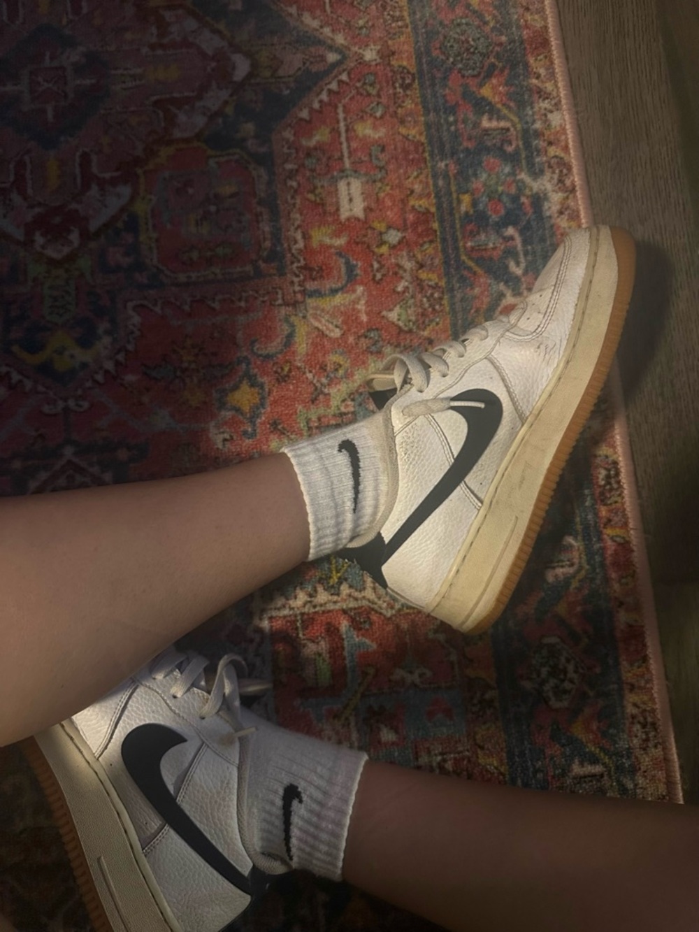 Nike Air Force 1 Sneakers in White with Navy blue Swoosh. 7 Y 8.5 W